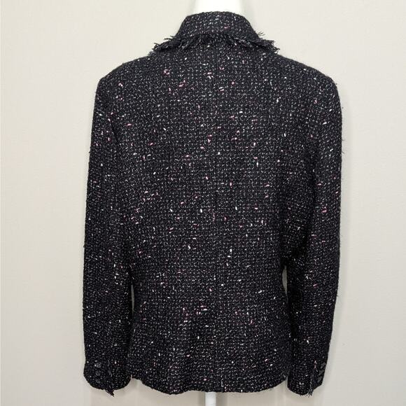 Apostrophe Black & Pink Wool Blend Tweed Fringed Collar Button Up Blazer Size 14 - Picture 4 of 8